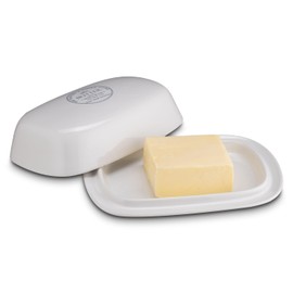 White ceramic storage jars with wooden lid., Butter