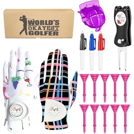 Golf Gloves Women Left Hand Right Handed Leather Ball Marker Value 2 Pack with Gift Box,Ladies Golf Gloves 2 Color White Black All Weather Golf Accessories Set (Multi, Medium, Worn on Left Hand)