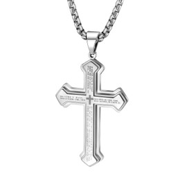 LeapoFaith Cross Pendant for Car Rear View Mirror Hanging Cross Charm Car Decor Mirror Accessories Ornament Auto Interior Jesus Cross Necklace with Lord's Prayer Men Women Christian Gift (Silver)