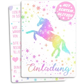 12 x Glitter Invitation Cards Children's Birthday | Enchanted Unicorn in Colourful Star Rain | Girls & Boys | Rainbow Invitation Birthday Children Horses Birthday Invitations Pink