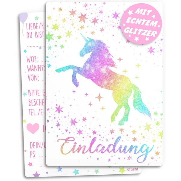 12 x Glitter Invitation Cards Children's Birthday | Enchanted Unicorn