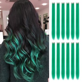 Wodelanle 12 PCS Colored Green Clip in Hair Extensions - 24 Inch Straight Synthetic Hairpiece for Kids, Girls & Women - Party Highlights