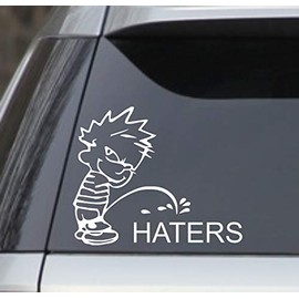 White 5.5" Calvin Peeing Piss Pissing On Haters Window Sticker Decal – Good for Cars, Trucks, laptops, lockers etc