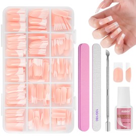 BUTBU French False Nails, 240 Pcs Medium Square Press on Nails Kit, Full Cover Stick on Nails with Glue, 15 Sizes Nude Color Nail Tips for Women and Girls Manicure Art Salon (Pink)
