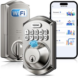 TEEHO WiFi Smart Lock TE012W, Fingerprint Door Lock with Built-in Wi-Fi, Keyless Entry Keypad Smart Deadbolt, App Remote Control, Alexa Compatible, IP55 Waterproof for Front Door – Satin Nickel
