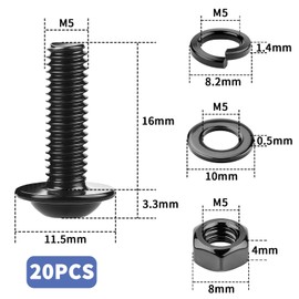 Pack of 20 Screws M5 x 16 Rounded Head Screws M5 Screws Black Screws with Nuts Flat Head Screws M5 Stainless Steel A2 V2A Stainless Steel Screws Hex Nuts Washers Assortment Kit