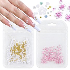 DANNEASY 600pcs 3D Flower Nail Charms, White & Pink Blossom Resin Jewels Beads Pearls Nail Art Flowers Floral Nail Rhinestone Gems Petal Acrylic 3D Nail Art Charms for Nails Art DIY Design