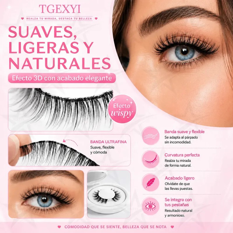 2 Pares Pestañas Magnéticas Natural Reutilizables +aplicador