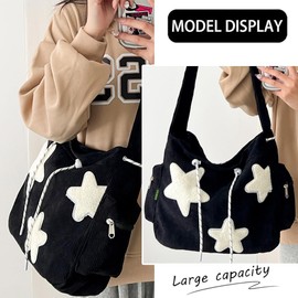 KAMEILONG Star Crossbody Bag Women Corduroy Tote Bag Aesthetic Messenger Bag Cute Shoulder Bag Y2K Hobo Bag (Black)