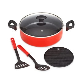 Bella 5-pc. Nonstick Frying Pan with Glass lid Everyday Pan Set in Red