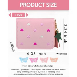 AORHOFJ Children's Wallet Cute Wallet with Card Holder PU Leather Mini Purse with Tassel Zip for Boys 4 Children's Hair Clips Included, pink, Classic with feminine touch
