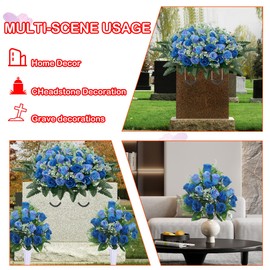 LOSFOTBO 3pcs Headstone Flowers Saddle for Tombstone,Cemetery Flower Memorial Bouquet with Vase,Rose Headstone Flowers Saddle (Blue)