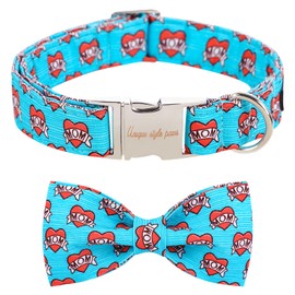Unique style paws Dog Collar with Bow Tie Blue Heart Puppy Collar Comfy Soft Bowtie Dog Collar Best Gift for Small Medium Large Dogs-S
