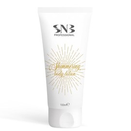 SNB Professional Glitzernde Körperlotion 100ml mit Kakaobutter, Kokos-, Argan-, Sonnenblumen- und Sheabutter-Ölen, angereichert mit Vitamin E – Feuchtigkeitsspendende Lotion mit goldenem Schimmer