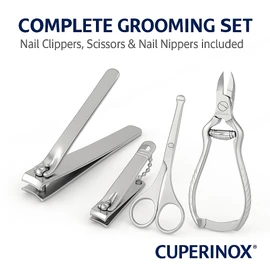 CUPERINOX Beauty Care Set mit 4 Werkzeugen für Maniküre und Pediküre | große Nagelzange + mittelgroße Nagelknipser mit Schlüsselanhänger + Schere mit runder Spitze | Professioneller Edelstahl |