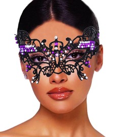 Flimire Lace Mask for Women Rhinestone Butterfly Masquerade Masks Venetian Costume Ball Party Eye Mask (Purple)