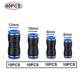 HUAZIZ Pack of 40 Straight Pneumatic Connectors, Air Push Quick Attachments, Pneumatic Fittings Push in Quick Coupling Connector for Air Water Hose Connection 6 mm/8 mm/10 mm/12 mm