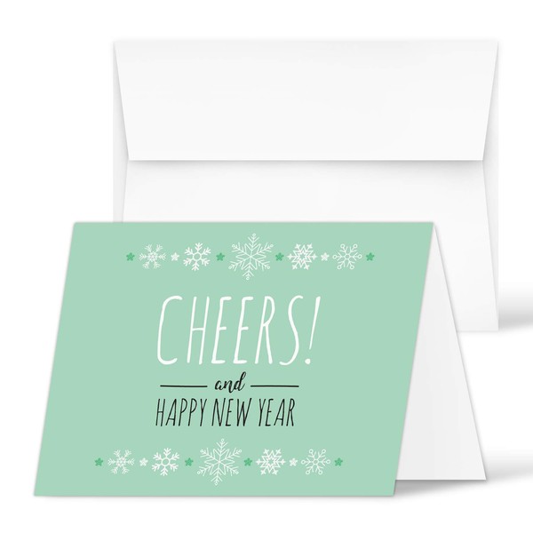 2024 Cheers Happy New Year Greeting Cards – Lovely Mint Green Christmas, New Year's, Holiday Greetings, Invitations, Thank You's, Gifts and Presents – Envelopes Included | 25 per Pack | 4.25 x 5.5