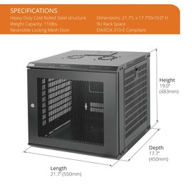 Tecmojo 9U Wall Mount Rack Network Cabinet for 19" IT Equipment,with Lockable Mesh Door and Side Panels,Cooling Fan,17.7inch Depth,Black