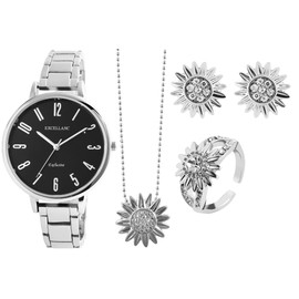 Excellanc Gift Set Women's Watch Chain Ring Stud Earrings Rhinestone 1800219, Metal, Rhinestone