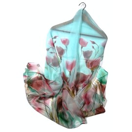 Shanlin Bufandas florales súper grandes de tacto de seda para mujer en caja de regalo, Tulips-azul-rojo, 73” x 35” (185x90cm)