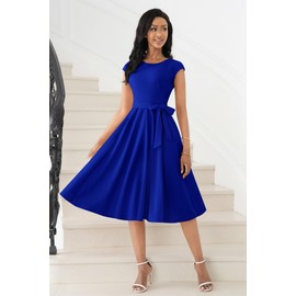 Nmoder Cocktail Summer Elegant Fit and Flare Dresses for Women Vintage Tea Party Cap Sleeve Dresses with Belt & Pockets Royal Blue 2XL