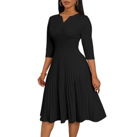 CLOCOR Midi Dresses for Women Casual Wrap Flared Pleated Dress A Line 3/4 Sleeve V Neck Church Cocktail Wedding Guest Dress Black 2XL