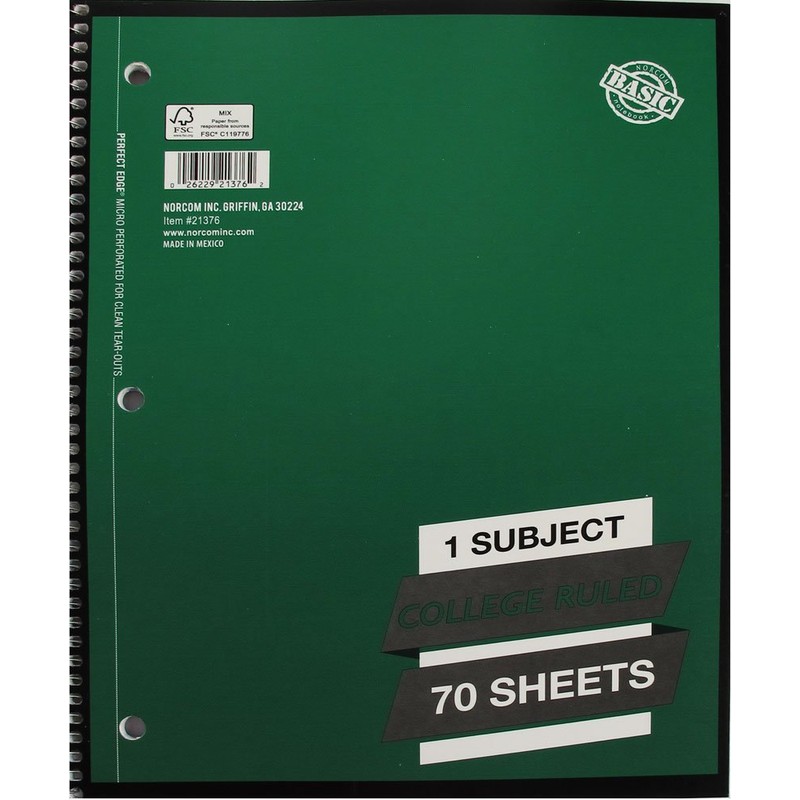 1 Subject College Ruled Spiral Notebook Solid Colors Perforated Edge
