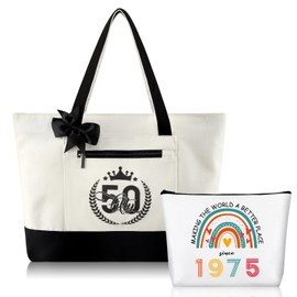 Xuniea 2 Pcs 50th Birthday Gifts for Women Her Including 50th Tote Bag and 1975 Rainbow Cosmetic Makeup Bag,Funny Gift 50 Year Old Lady Present for Women Born in 1975