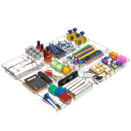 Clear Plastic Drawer Organizers Set,18 Adjustable Size Compartments Versatile Bathroom and Vanity Drawer Organizer Trays, Storage Bins for Makeup, Bedroom,Office Organizing Drawers Containers,Set of 6