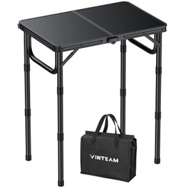 VINTEAM Camping Folding Table with Adjustable Height, Lightweight Portable Outdoor Picnic Table, BBQ Grill Side Table, Durable Aluminum Frame, MDF Desktop for Camping, Fishing, RV, Beach (Black)