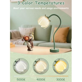 Flower Table Lamp,LED Bedside Reading Lamps Vintage Floral Night Light,3 Color Temperature Infinitely Dimmable Gooseneck Nightstand Lights Living Room Bedroom Lighting Desk Lamp Cute Home Decor(Green)