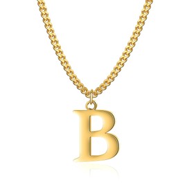 14K Gold Plated Initial Necklaces for Men Women - Gold Stainless Steel Letter Necklaces - Alphabet B Pendant Wide Cuban Chain Necklaces Jewellery Gifts