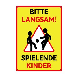 Achtung Children's Sign, 30 x 20 cm Playing Children's Sign, Caution Children's Warning Sign Please Drive Slow Reflective Aluminium with Drill Holes for Outdoor Indoor Use