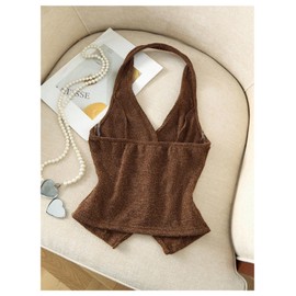 MakeMeChic Women's Halter Tops Business Casual Sleeveless Open Back Going Out Tank Top Cowboy Chic Brown Medium