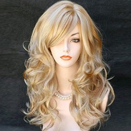 BERON Women's Long Curly 2 Tones Golden Blonde Wig Heat Resistant Big Wavy Synthetic Wig for Women Wig Cap Include