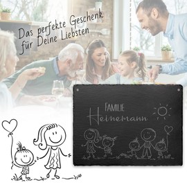 Family Sign Made of Slate with Engraving Approx. 20 x 10 cm - Front Door Sign with Figures Mum Dad Children Individual Decoration Idea Great Door Sign for Families