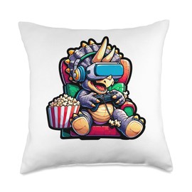 Gamer Triceratops Popcorn Gaming Chair Headphones Games Throw Pillow