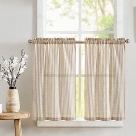 TOPICK Striped Panel Curtains, Linen Curtains with Stripes, Kitchen Curtain, Opaque, Short Kitchen Curtains for Kitchen, Dining Room, Bathroom, Small Window, 65 W x 90 H (cm) Brown on Beige