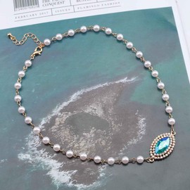 Cimenexe Bohemian Emerald Crystal Choker Necklace Gold Pearl Rhinestone Necklace Pearl Station Necklace Chain Vintage Crystal Clavicle Necklace Jewelry for Women and Girls