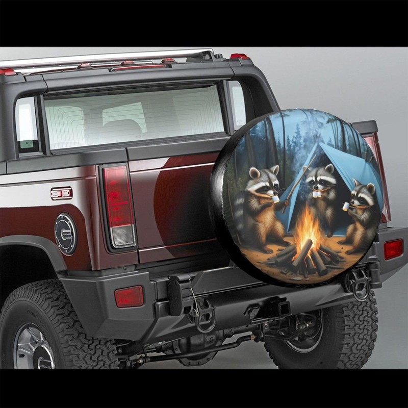 Raccoons Campfire Universal Spare Tire Cover,15 Inch,Cute Waterproof Polyester Wheel