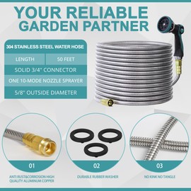 Numwot 50FT Garden Hose, 304 Stainless Steel Water Hose, Flexible with a 10-Mode Nozzle Sprayer, No Kink, Lightweight, Puncture Proof, Ideal for Yard, Lawn, Outdoor, 5/8" Outside Diameter