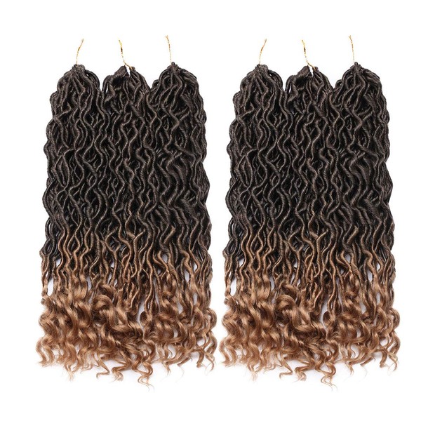 6 Packs 50 cm Crochet Braids Hair Goddess Faux Locs Hair Extensions Wavy Faux with Curly Ends Synthetic Braiding Hair Extensions Hairstyles for Women Black to Coffee Brown