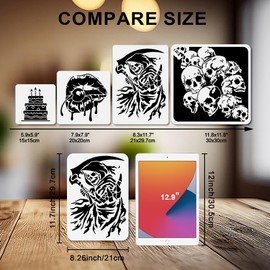 MAYJOYDIY Grim Reaper Stencil Scythe of Death Stencils for Painting 11.7×8.3inch Reusable Skull Cloak Stencil Crafts Drawing Templates with Paint Brush for DIY Craft on Wood Wall Home Decor