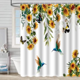 Spring Sunflower Floral Shower Curtain for Bathroom Set Hummingbird Blooming Flower Leaves Shower Curtain Polyester Fabric Waterproof Botanical Plant Curtain with 12 Hooks 72x72 Inches