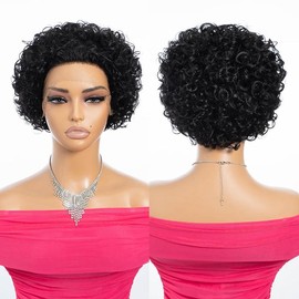 Encharm Human Hair Wig Short 13x1 Lace Front Burgundy Curly Wave 6 Inch Lightweight Pixie Cut 150% Density Wavy Natural Bouncy Curls - Color: 1B#
