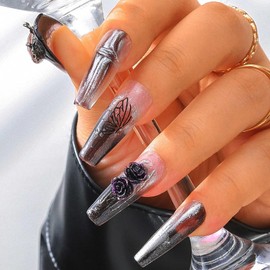 Sethexy Crystal Long Coffin Handmade Nails Press On 3D Flower Rhinestone False Nails Glitter Butterfly Painted False Nails for Women and Girls 10 Pieces (3)