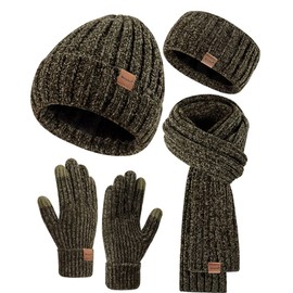 Women Beanie Scarf Gloves Headband Set for Winter, Chenille Beanie Hats Ear Warmer with Fleece Lined Long Knit Wrap Neck Scarf Touchscreen Gloves, Fashionable 4 In 1 Warm Gift Set for Cold Weather-06