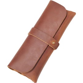 GORGECRAFT Genuine Leather Snap Cover Pen Case Coconut Brown Crazy Horse Leather Roll Pouch Rustic Pencil Pouch Large Capacity Stationery Bag Organizer for Men Women Glasses Office Writers Artists