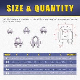 Glarks 26 Pieces M2 M3 M4 M6 M8 Wire Rope Clips Assortment Set 304 Stainless Steel Wire Rope Clips for Rigging Rope, Wire and Cable